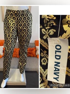 ❣️🆕Old Navy Mid-Rise Black with gold foil floral print pixie pants❣️